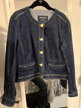 SPANX Raw Indigo Denim Jacket with Gold-Tone Buttons